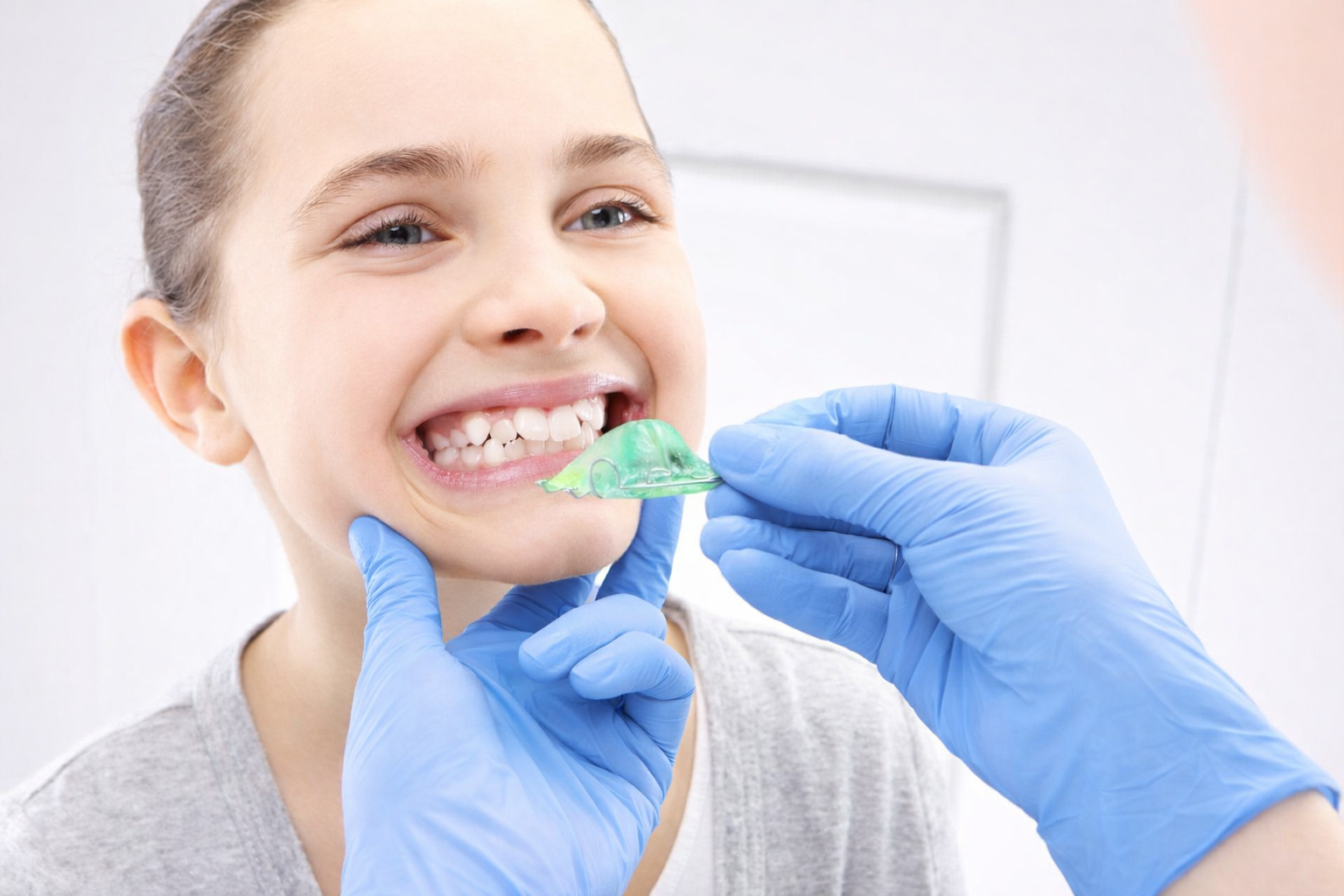 Orthodontist evaluating a smiling child with dental braces