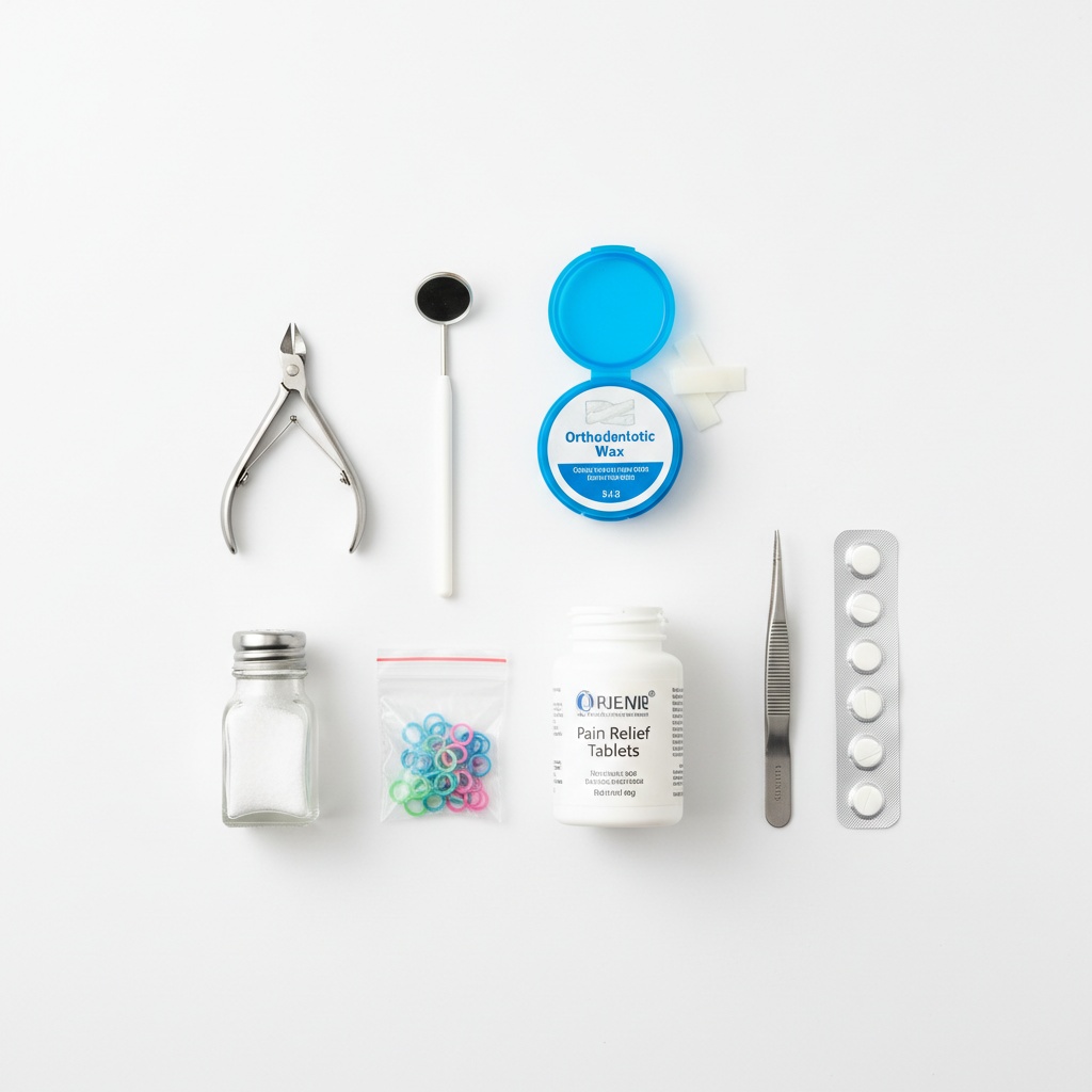 Orthodontic emergency kit with wax, elastics, pain relievers and tools